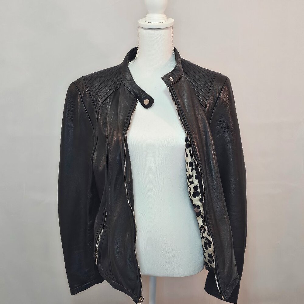 Black Rivet Genuine Leather Motercycle Jacket With Leopard Lining